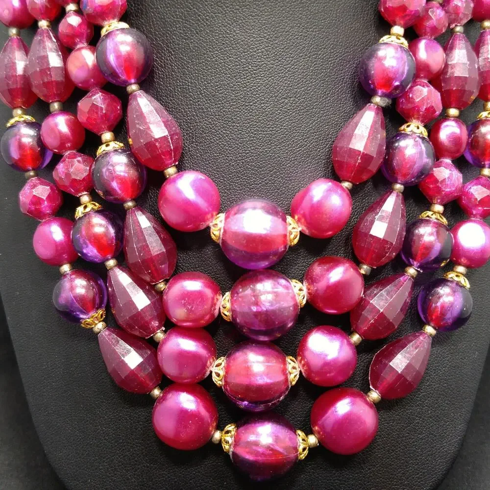 West Germany Thermoset Red Beaded Necklace 4 Strand 1950s Vintage Jewelry